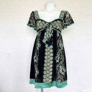 NANETTE LEPORE 100% SILK RUFFLE Sea Theme Black Green (SAGE) Casual Dress size 4